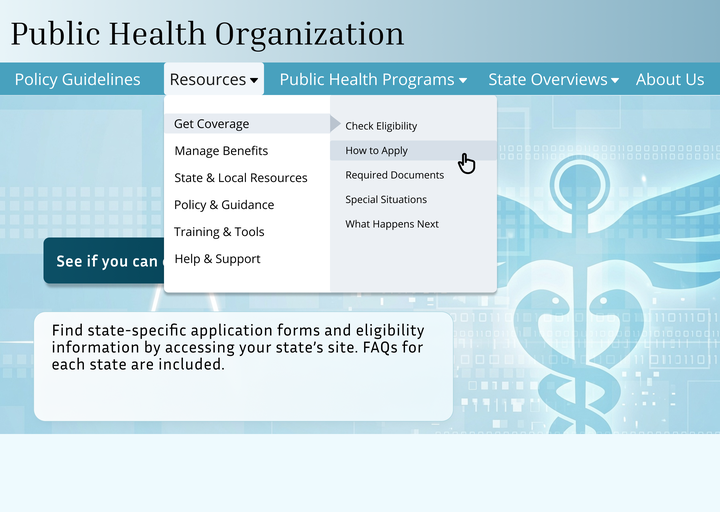 Healthcare consulting prototype showing progressive navigation disclosure for get-coverage pathways on a public health benefits portal